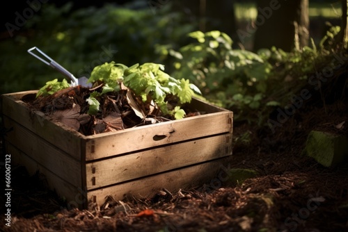 Wooden box with organic remains, organic recycling