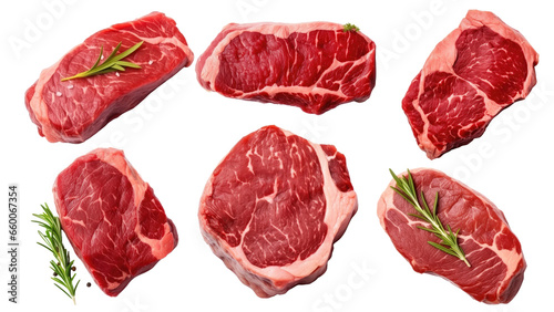 Fresh raw beef steak set isolated on transparent background, top view, PNG