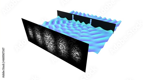 science double slit experiment 3d illustration, thomas young experimental physics that demonstrate the wave particle duality and quantum physics quantum mechanics wave propagation