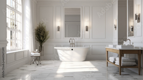 Bathroom with a double vanity and a mosaic tile floor and a freestanding bathtub