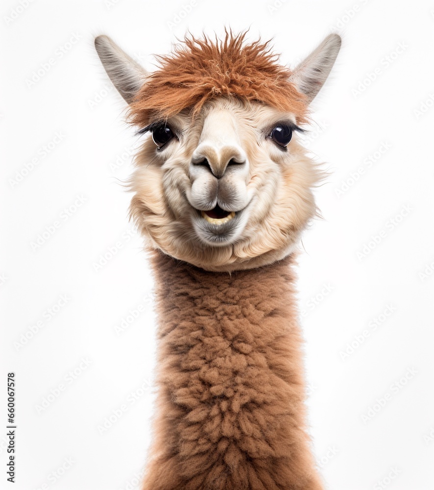 Obraz premium Very cute alpaca smiling at the camera, funny animal studio portrait, isolated on white.