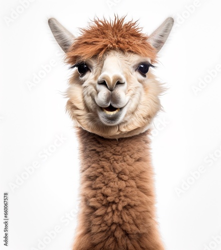 Very cute alpaca smiling at the camera, funny animal studio portrait, isolated on white. © BackgroundHolic