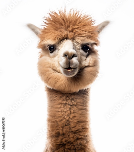 Very cute alpaca smiling at the camera, funny animal studio portrait, isolated on white. © BackgroundHolic