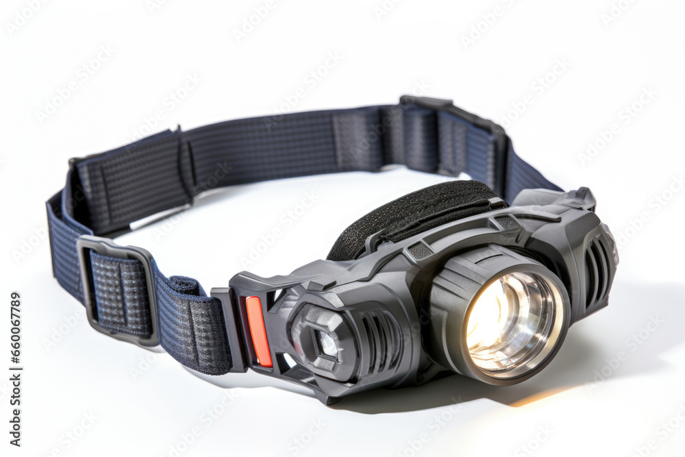 An closeup view of a waterproof LED headlamp, with a focused beam of light isolated on white background An closeup view of a waterproof LED headlamp, with a focused beam of light isolated on white background
