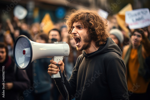 A man shouts into a megaphone during a protest. Group of protestors protesting on the street. financial crisis.