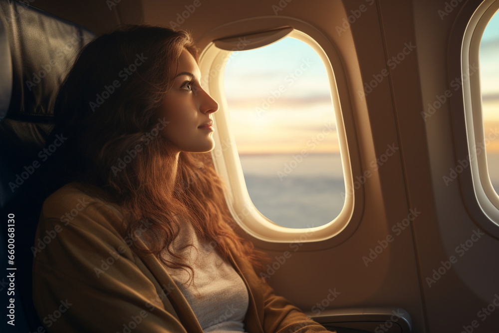 The portrait of a lonely female traveler sitting in an airplane seat while looks at the view outside the small window, Generative AI. The portrait of a lonely female traveler sitting in an airplane seat while looks at the view outside the small window, Generative AI.