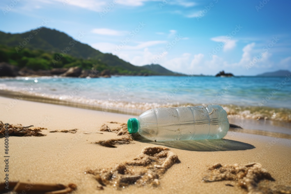 A plastic bottle in front of the ocean, close up A plastic bottle in front of the ocean, close up