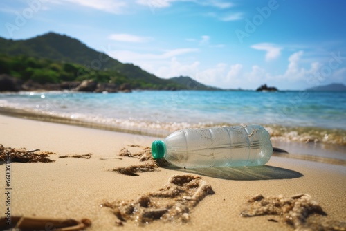 A plastic bottle in front of the ocean, close up