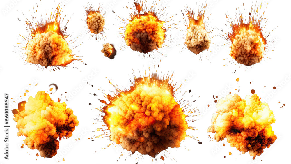 Set of explosions isolated on transparent background, PNG file - obrazy, fototapety, plakaty 