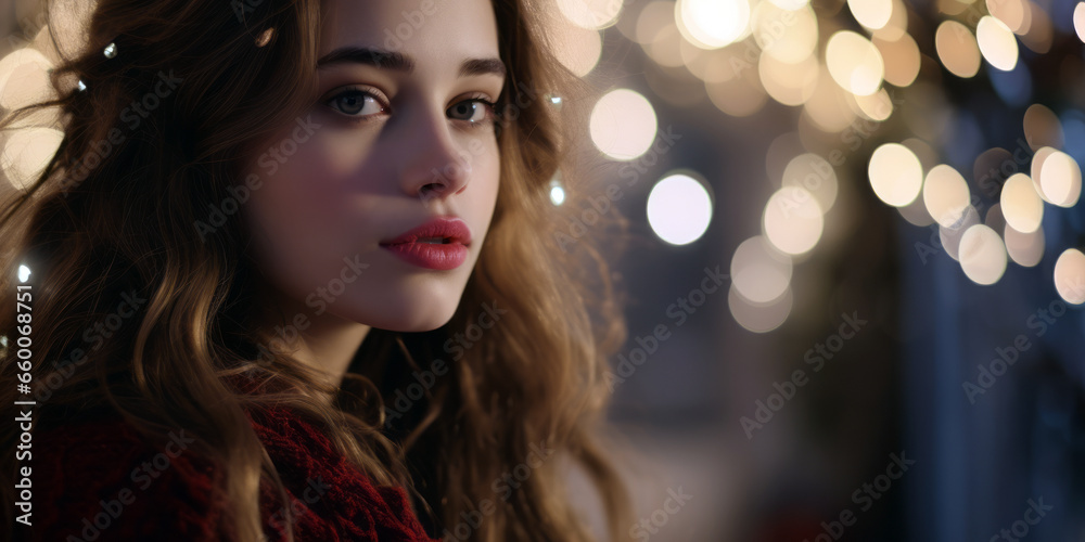 Obraz na plátně young woman twinkling Christmas lights are softly blurred at background