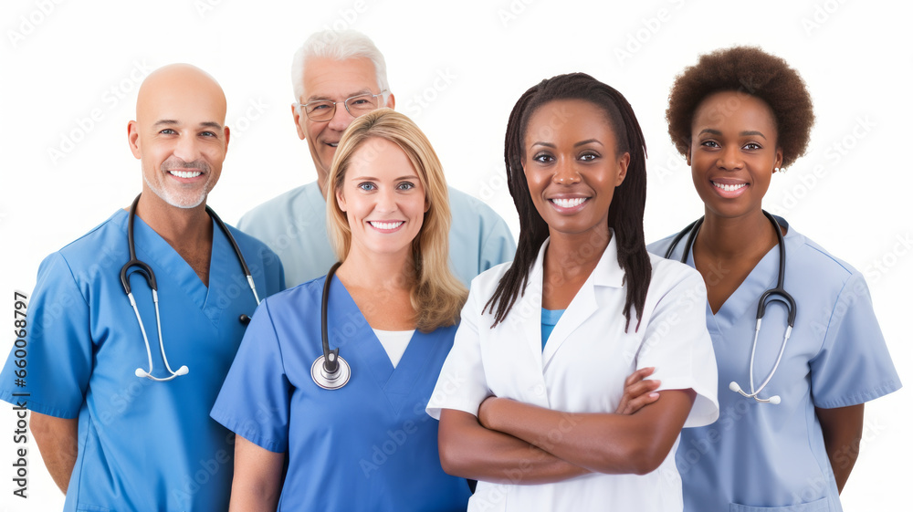 Diverse, experienced nurses happily pose on white background, daylight. Diverse, experienced nurses happily pose on white background, daylight.