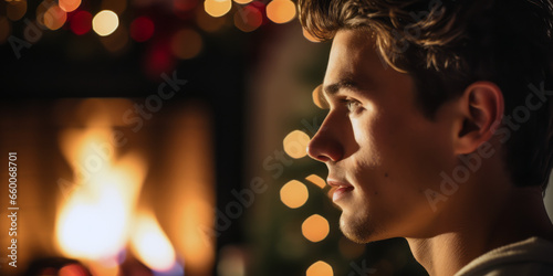 young man's profile, contemplatively gazing into the flickering flames of a fireplace