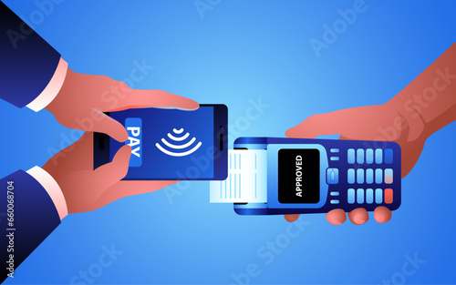 Man using NFC technology from his mobile phone to make a payment. Represents the convenience and efficiency of digital payment methods, conveying the ease and speed of cashless transactions