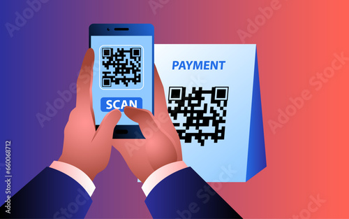 Man using his mobile phone to scan a QR code. Represents the convenience and efficiency of digital payment methods. It conveys the ease and speed of cashless transactions in today's digital age