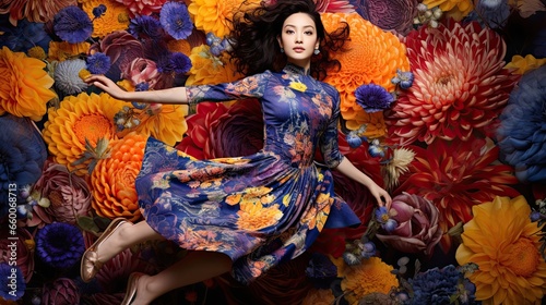 Model with floating poses, surrounded by a variety of exotic blossoms. Focus on the intricate patterns of the leaves and petals.