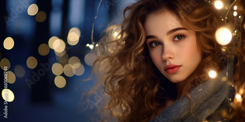 young woman twinkling Christmas lights are softly blurred at background