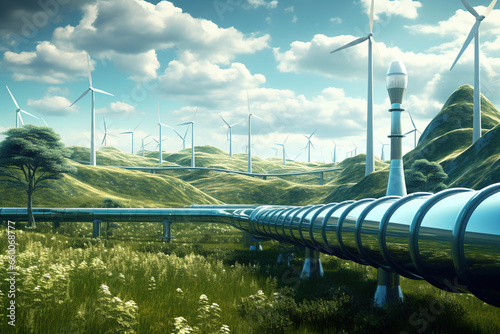 A concept for green hydrogen production, showing a pipeline carrying hydrogen with wind turbines and solar panels in the background.