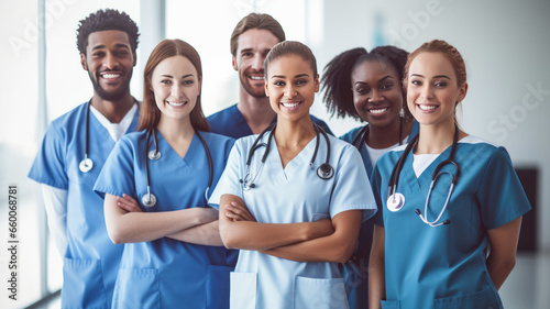Diverse, experienced nurses happily pose on white background, daylight.