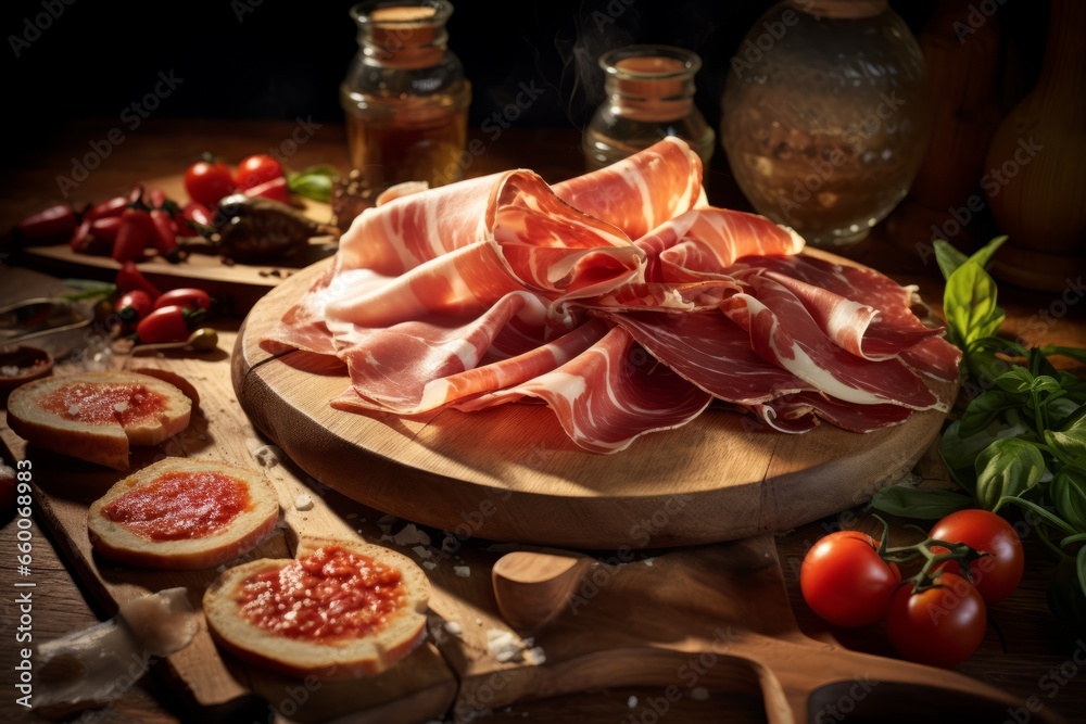 Slices of Spanish ham on a wooden cutting board, jamon