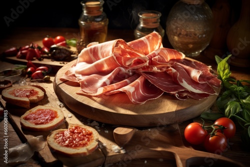 Slices of Spanish ham on a wooden cutting board, jamon