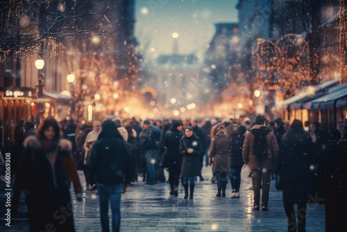 A blurry crowd of unrecognizable people on a winter christmas street. crowd of people in a shopping street. Christmas Holidays.