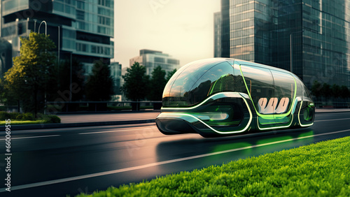 Futuristic sustainable green bus car public transport traffic in the city photo