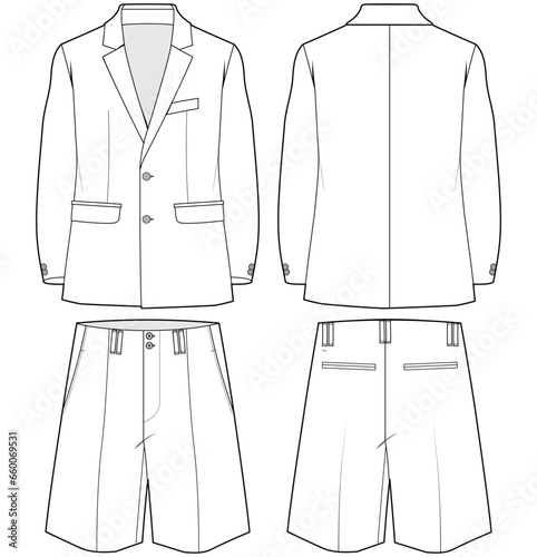 Men's Single breast notch lapel Blazer Jacket full suit with formal Shorts pants flat sketch fashion illustration technical drawing with front and back view