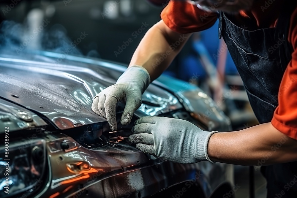 Auto body repairman fixes a car damaged in an accident or collision - obrazy, fototapety, plakaty 
