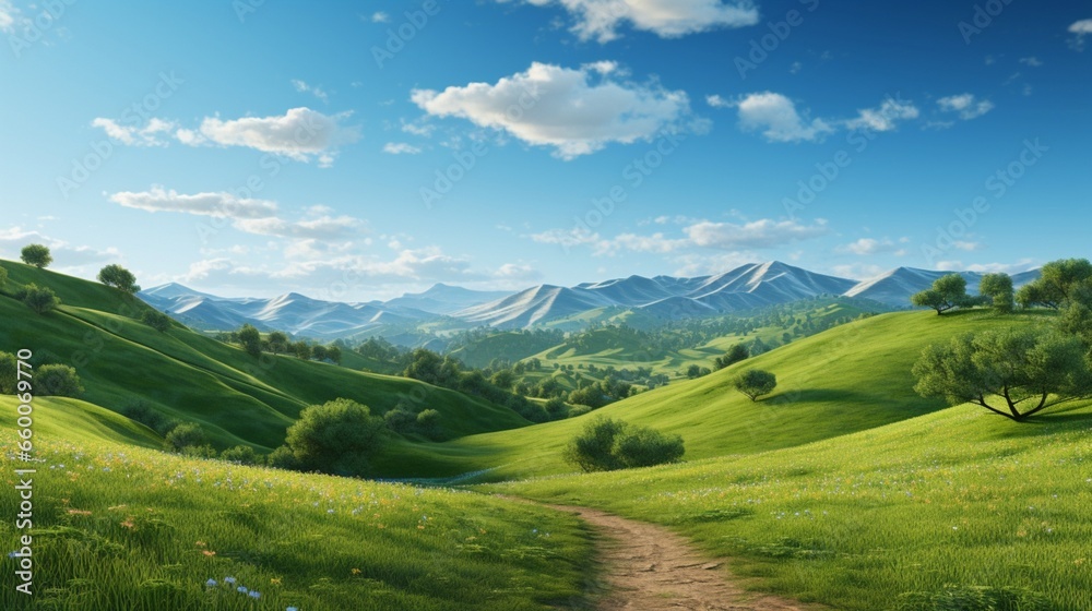 a serene setting with lush hills in the spring. The idea of travel, tourism, or exploring is represented by a country road running across the lush grass.
