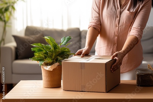 Woman unpacks items from boxes after moving photo
