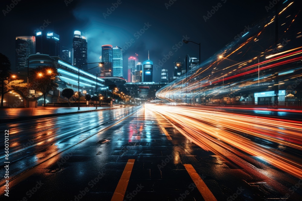 Abstract night cityscape background. Smart city, ai and digital transformation concept. Double exposure
