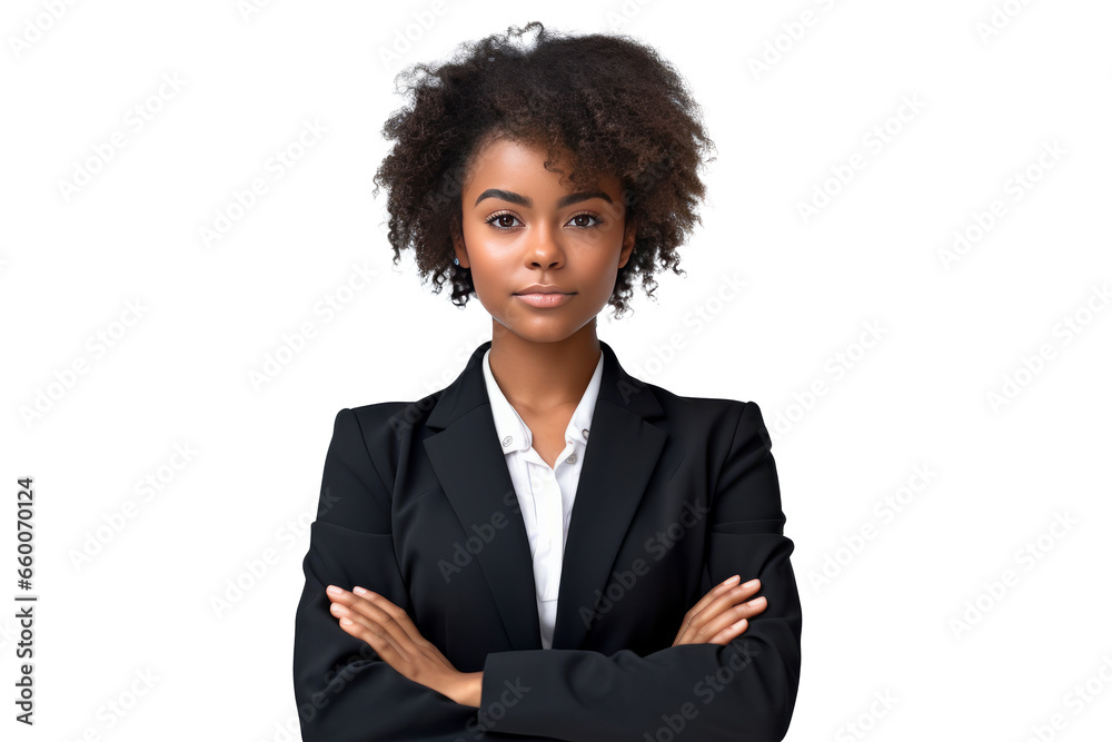 cute african american business woman in black suit and cross arms on ...