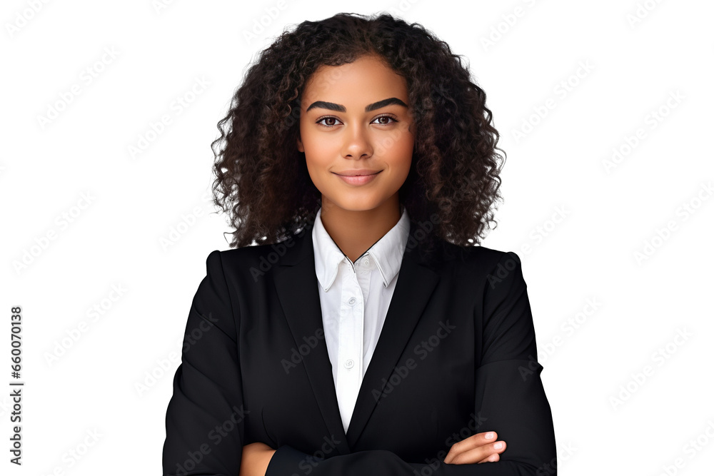 cute african american business woman in black suit and cross arms on ...