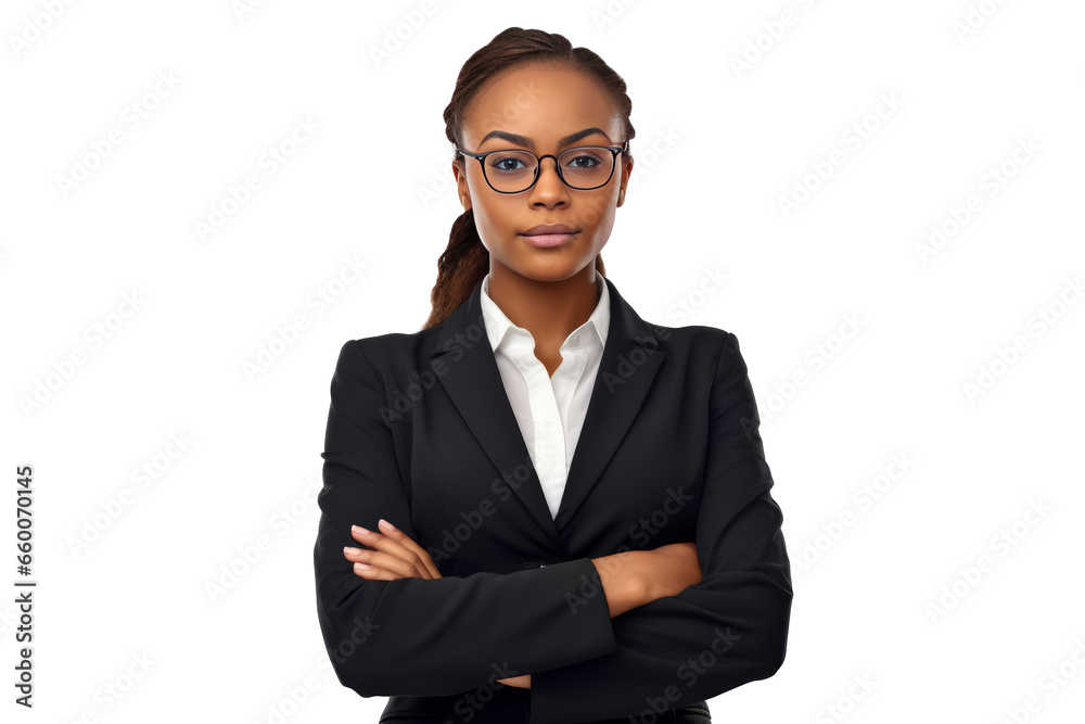 cute african american business woman in black suit and cross arms on transparent background