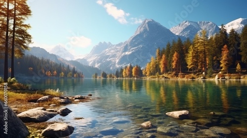 Beautiful Hintersee lake landscape in the fall. Germany's Bavarian Alps in the early morning sun, bordering Austria, in Europe. Background of the natural world's beauty.