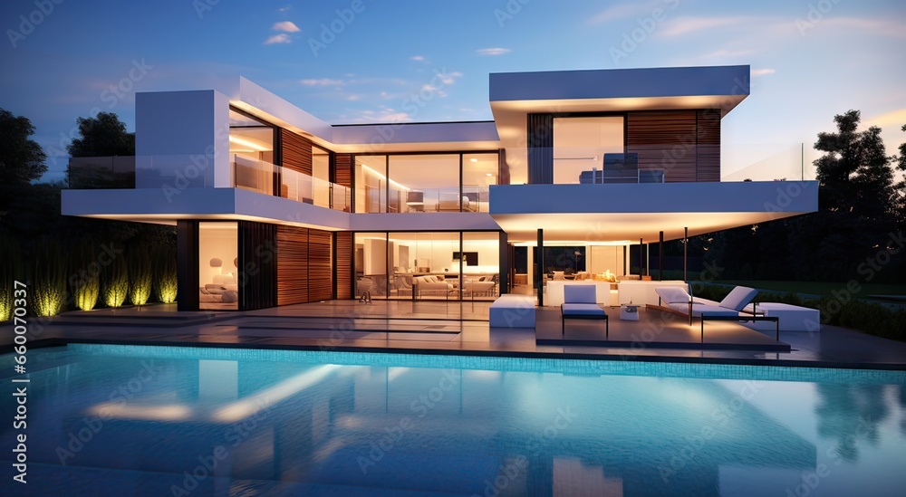 minimalist villa with swimming pool in modern architecture