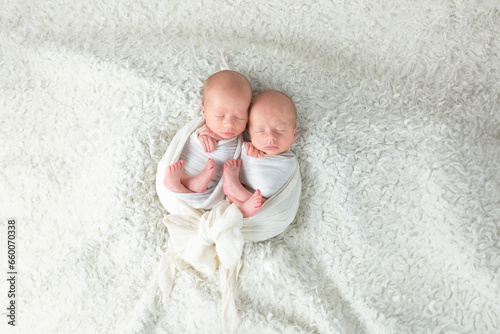 twins wrapped in one cloth, newborn boys, twins. newborn photo session. children brothers on white background