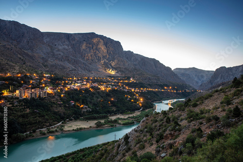 Aerial drone view of Erzincan Kemaliye district, city of paragliding and wingsuit flying.