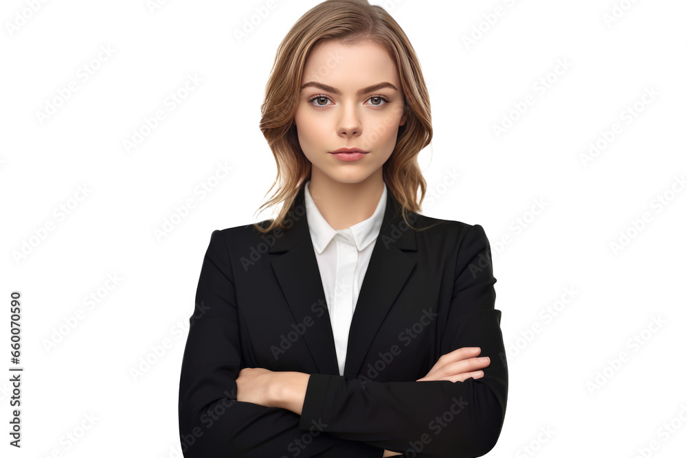 cute business woman in black suit and cross arms on transparent background cute business woman in black suit and cross arms on transparent background
