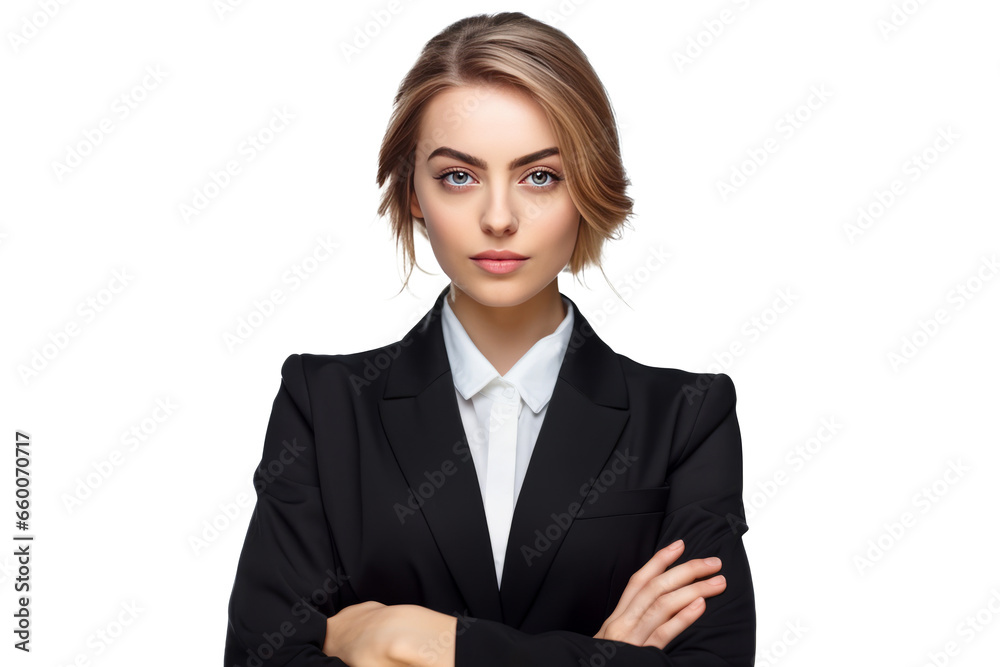 cute business woman in black suit and cross arms on transparent background cute business woman in black suit and cross arms on transparent background
