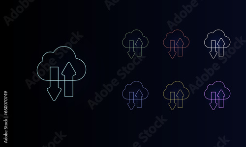 A set of neon cloud technology symbols. Set of different color symbols, faint neon glow. Vector illustration on black background