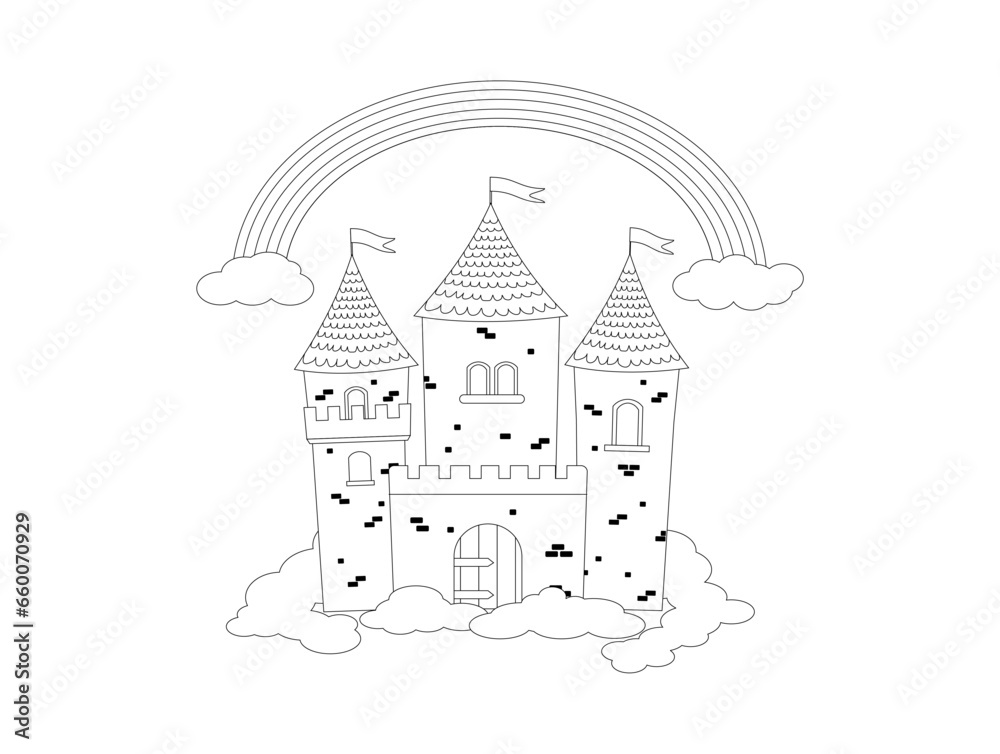 Coloring page of castle with clouds and rainbow