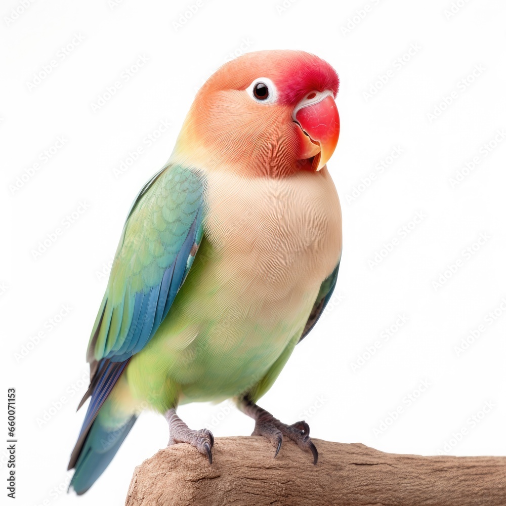Rosy-faced lovebird bird isolated on white background.