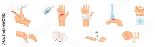 Hands with Injured Skin and Wound First Aid Vector Set