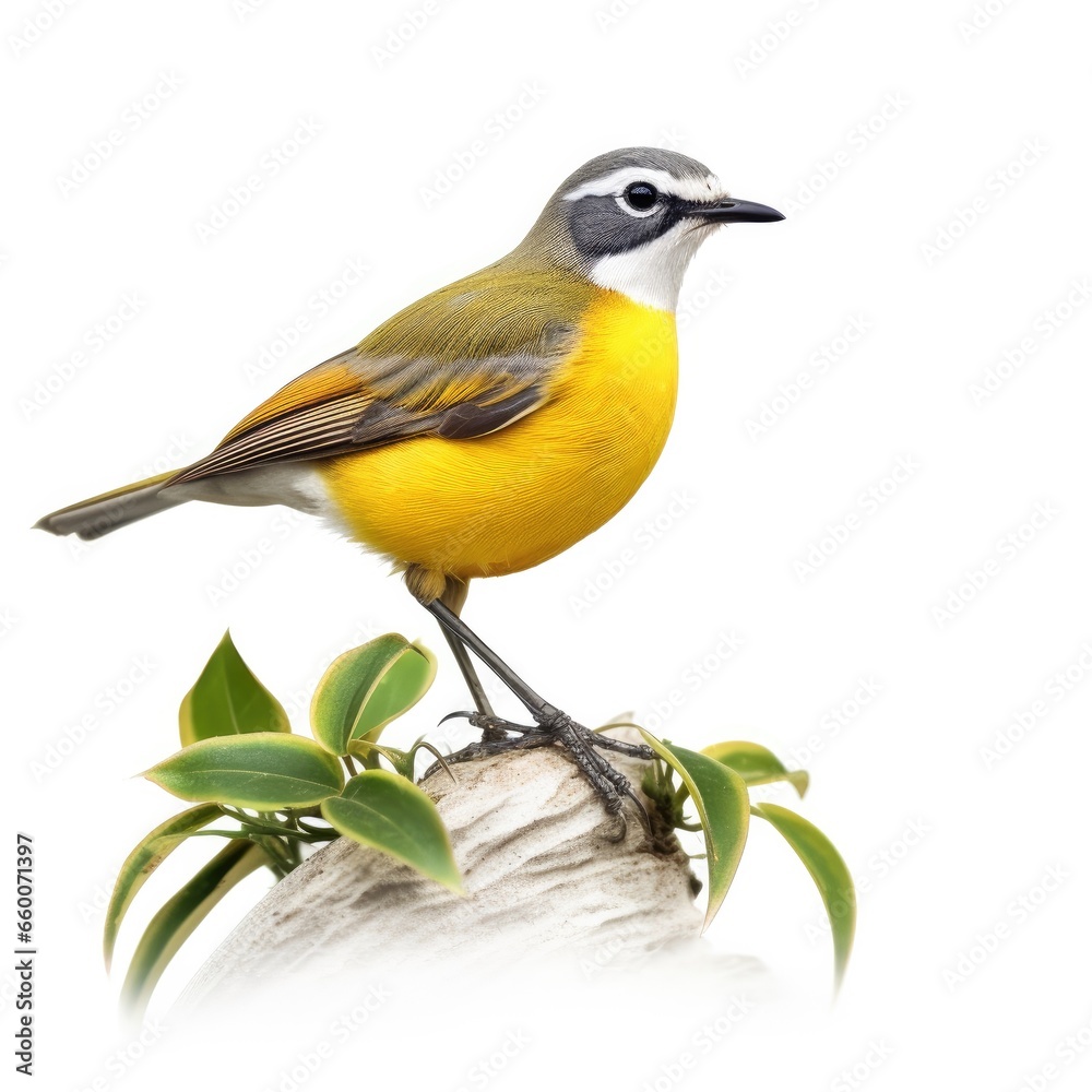 Yellow-breasted chat bird isolated on white background.