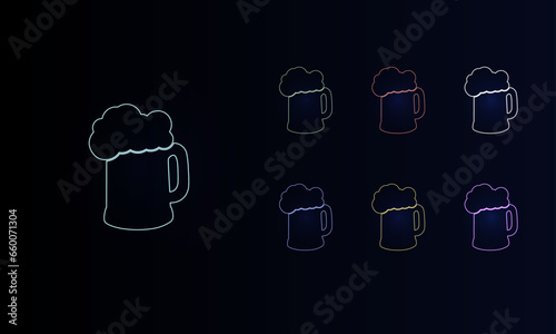 A set of neon mug beer symbols. Set of different color symbols, faint neon glow. Vector illustration on black background