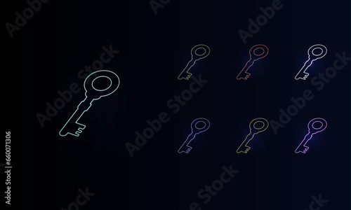 A set of neon old key symbols. Set of different color symbols, faint neon glow. Vector illustration on black background