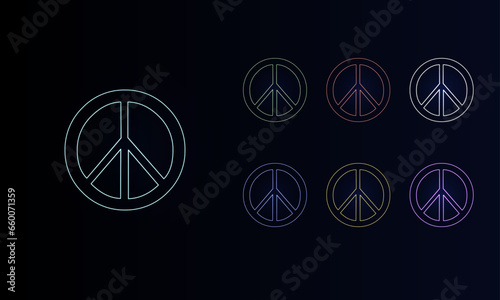 A set of neon peace symbols. Set of different color symbols, faint neon glow. Vector illustration on black background