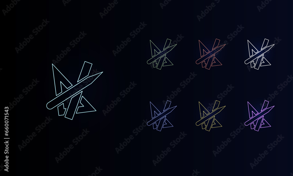 A set of neon school supplies symbols. Set of different color symbols, faint neon glow. Vector illustration on black background A set of neon school supplies symbols. Set of different color symbols, faint neon glow. Vector illustration on black background