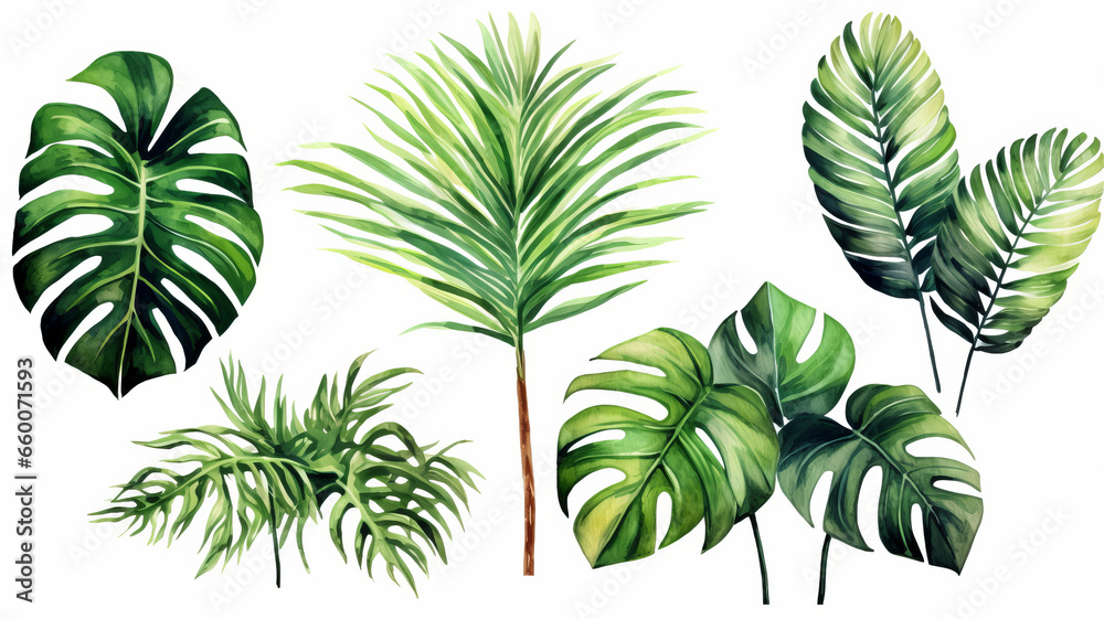 set of Exotic plants, palm leaves, monstera, watercolor vector illustration